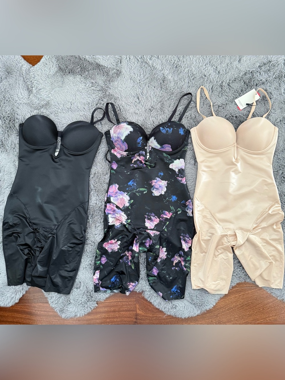 Everyday Sculpting Bodysuit with Built-In Bra — Black Floral, Black, and Nude